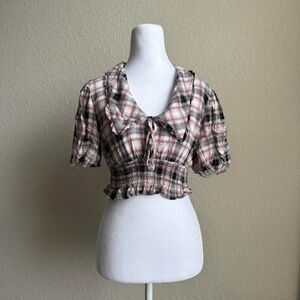 Pink and White Ruffled Crop Blouse with Sailor Collar